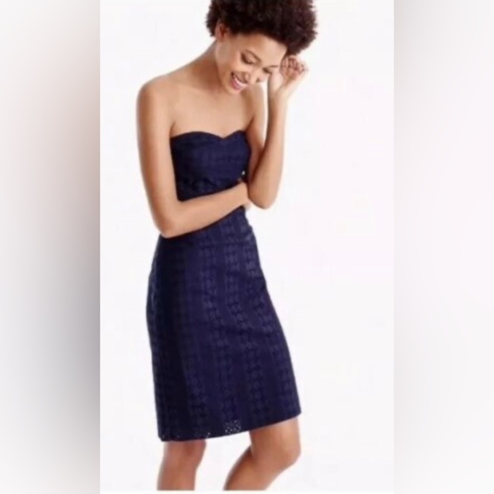 J.Crew Size 6 Tall Navy Blue Cotton Lined Eyelet Strapless Dress